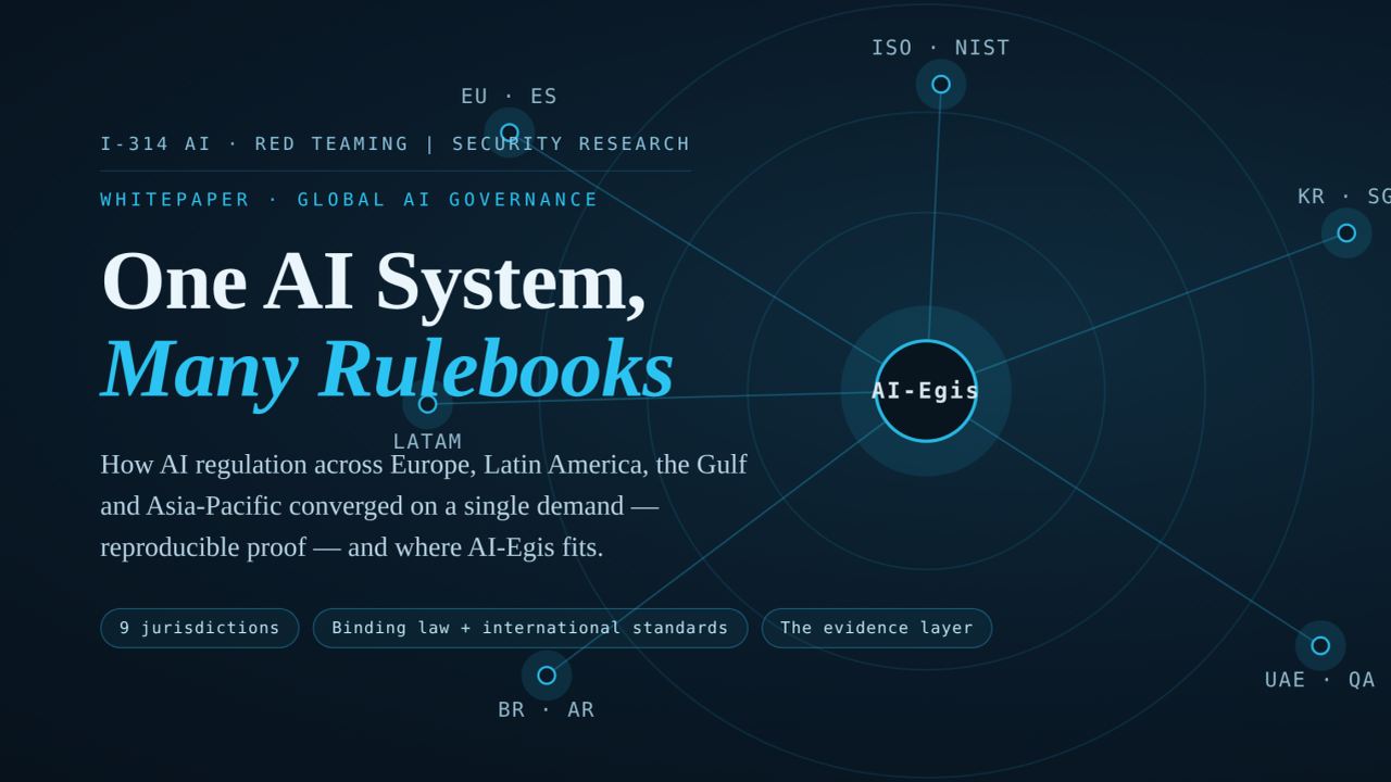 One AI System, Many Rulebooks — how AI regulation across Europe, Latin America, the Gulf and Asia-Pacific converged on a single demand: reproducible proof. Radar map with AI-Egis at the center of EU·ES, LATAM, BR·AR, UAE·QA, KR·SG and ISO·NIST nodes.